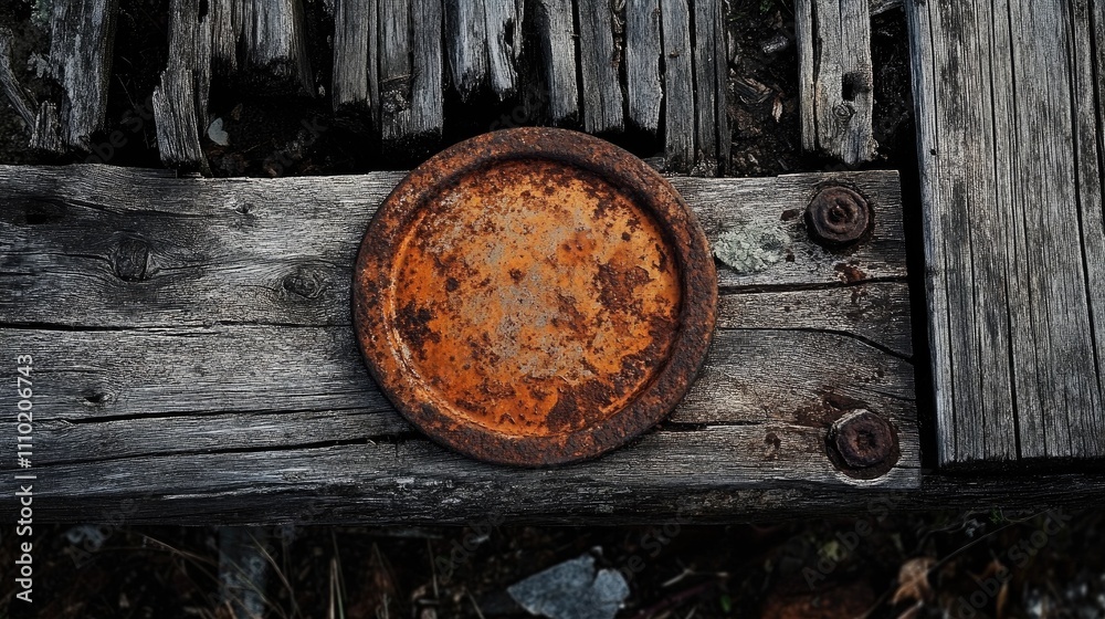 Poster rusty vintage plate resting on weathered wooden surface showcasing texture and color contrasts in an