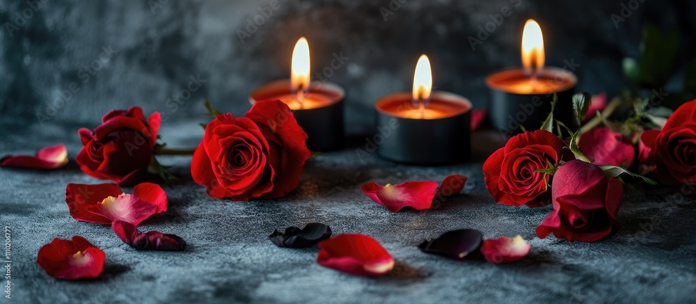Poster red rose petals and lit black candles on textured grey surface romantic atmosphere with space for te