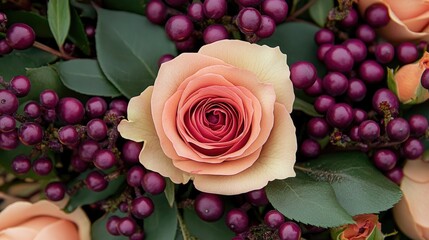 Autumn floral arrangement featuring purple berries and a pink rose with green leaves for a vibrant seasonal display