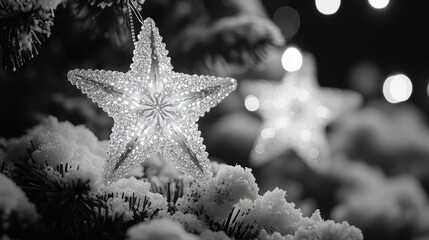 Star-shaped light decoration glowing in the night with blurred background creating a wintery, festive atmosphere in black and white.