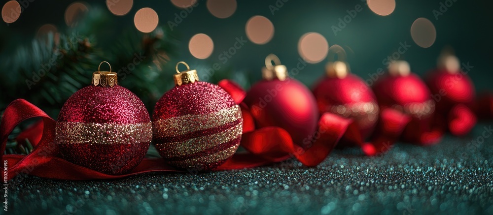Aufkleber red and gold christmas ornaments with ribbon on festive green background creating a warm holiday atm