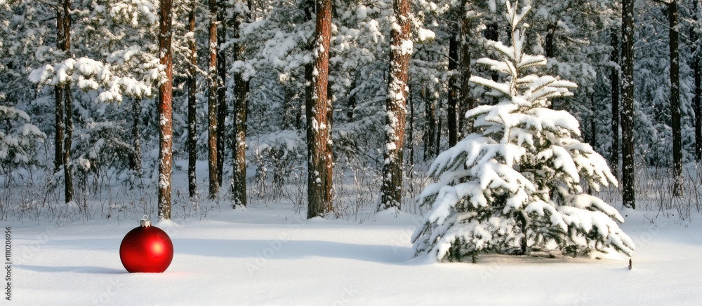 Aufkleber Red Christmas ornaments on snow with snow-covered pine trees creating a serene winter holiday scene in a tranquil forest setting.
