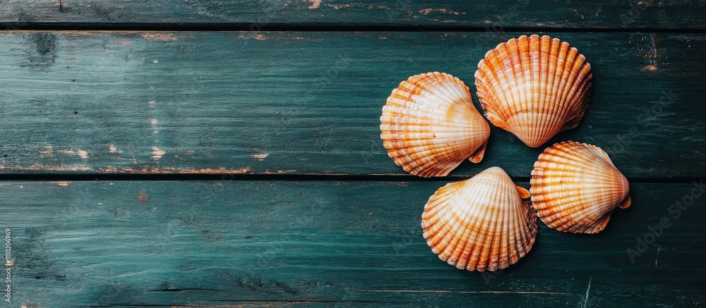 Poster seashells arranged on rustic wooden surface highlighting their intricate patterns and natural beauty