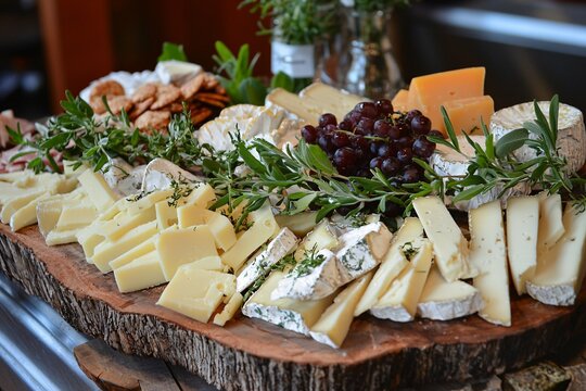 National Cheese Lovers Day showcases a delightful assortment of gourmet cheeses adorned with fresh herbs, beautifully arranged on a rustic wooden board. - Powered by Adobe