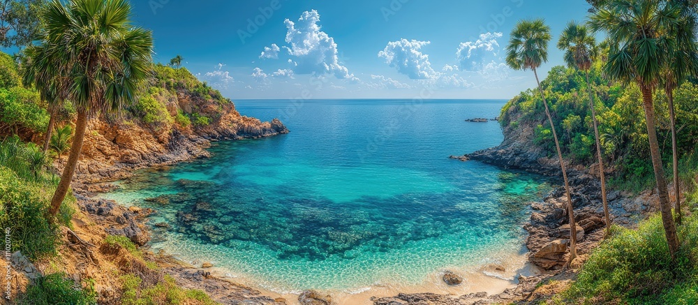 Poster scenic view of promthep cape featuring palm trees and a serene turquoise ocean under a bright blue s