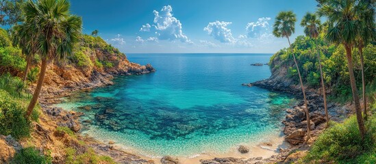 Scenic view of Promthep Cape featuring palm trees and a serene turquoise ocean under a bright blue sky