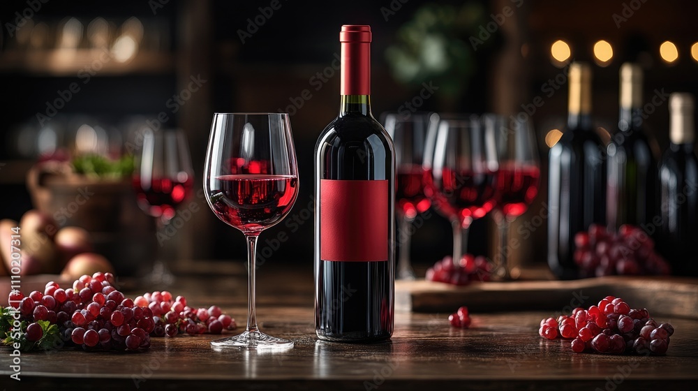 Poster elegant red wine glass and bottle with a backdrop of grapes and a warm ambiance ideal for culinary a