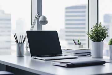Fototapeta premium A contemporary office exuding inspiration, showcasing stylish furniture, motivational art, and an organized desk with a laptop, stationery, and indoor plants to boost productivity.