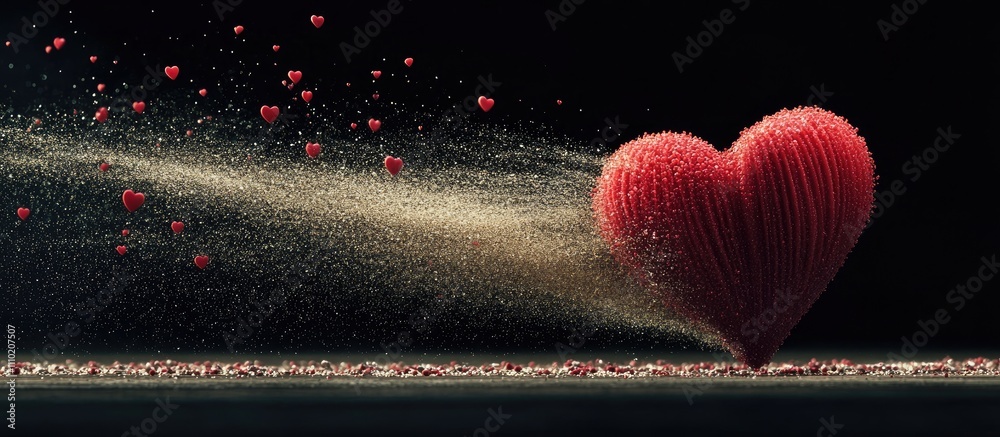 Poster Red volumetric heart surrounded by smaller hearts creating a dynamic effect on a dark background showcasing love and emotion concept