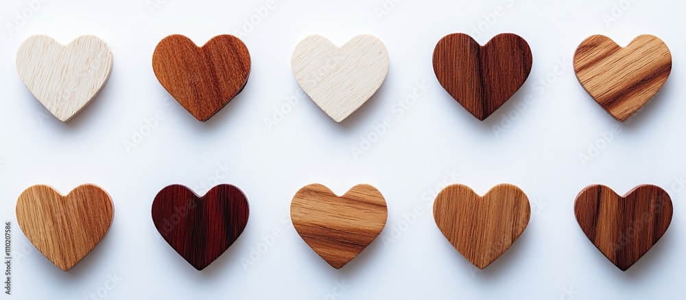 Poster red and wooden heart shapes arranged on a white background for valentine's day or romantic concepts 
