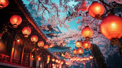 Vibrant Red Lanterns Hanging from Ancient Temple Roof at Dusk