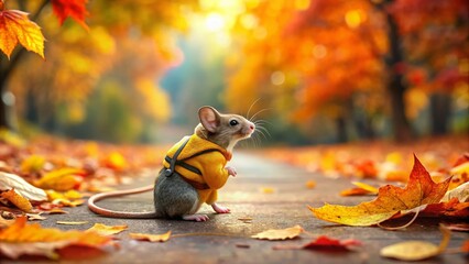 A Small Gray Mouse with a Yellow Backpack Strolling Along a Paved Path Blanketed with Autumn Leaves, Capturing the Essence of Fall in Nature's Colors