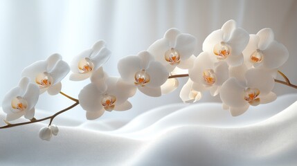 Elegant white orchid branches against a soft white background showcasing delicate blooms and smooth fabric texture in a serene composition.