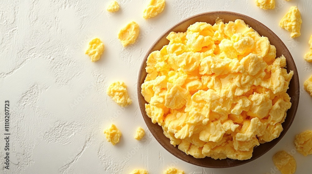 Aufkleber scrambled eggs in a brown bowl on a white background with scattered pieces for a top view culinary c