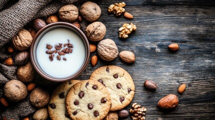 Obraz premium Breakfast with cookies nuts and milk arranged on rustic wooden table for a wholesome morning meal concept