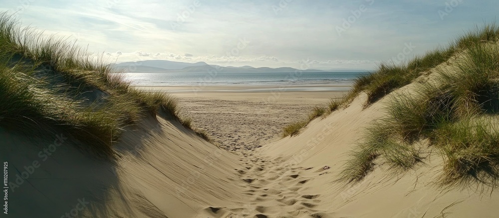 Aufkleber tranquil sand dunes leading to a serene beach with gentle waves and distant mountains under a clear 