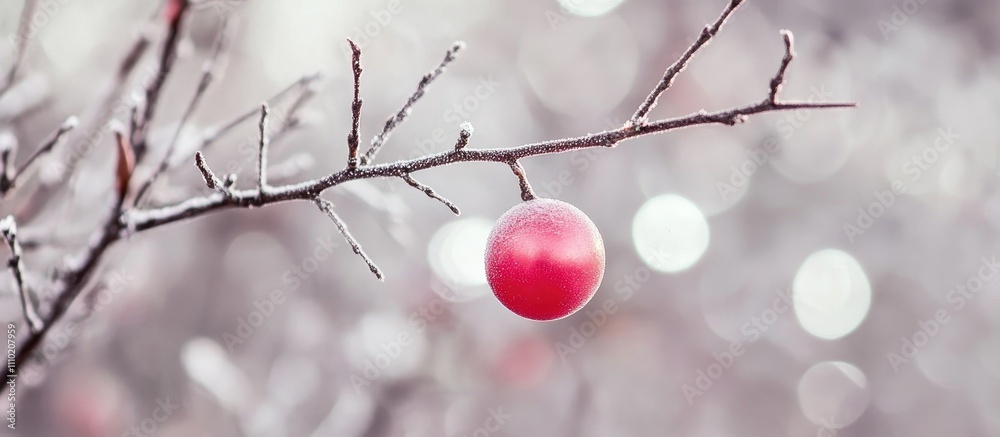 Aufkleber Vibrant red ornament hanging on a snowy tree branch with soft bokeh background creating a serene winter atmosphere