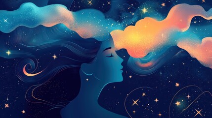 a person surrounded by calming elements like stars and soft clouds, symbolizing the essence of quality sleep