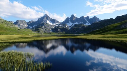 A beautiful lake surrounded by mountains with a clear blue sky