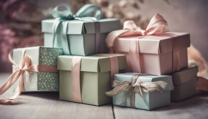 A set of pastel gift boxes tied with silky ribbons in soft hues, surrounded by delicate sprigs of greenery.