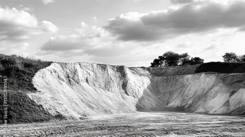 Poster sand dunes in a desolate abandoned quarry under dramatic clouds in black and white photography showc