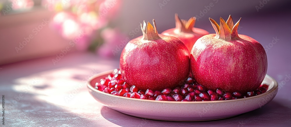 Poster vibrant pomegranate seeds arranged on an apple-shaped plate complemented by a soft violet background