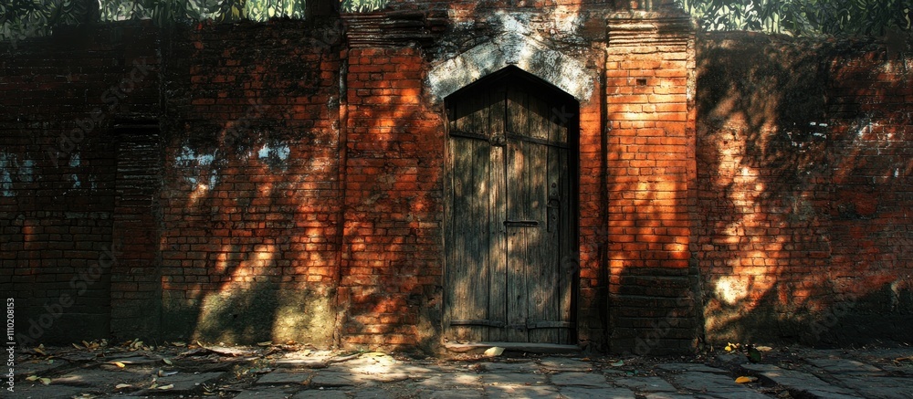 Poster red brick wall with intricate shadows and a rustic wooden door creating a captivating architectural 