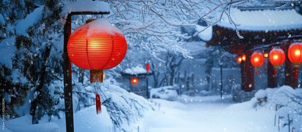 Poster snowy landscape featuring a vibrant red lantern glowing in a serene winter scene with gently falling
