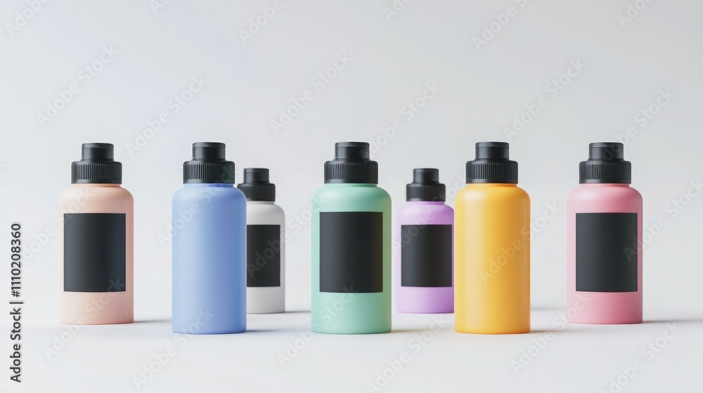 Poster colorful spray paint cans with blank labels arranged creatively on a white background for customizab