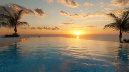 Tranquil sunset over an infinity pool at a luxury beachfront resort with palm trees and serene ocean view ideal for vacation imagery