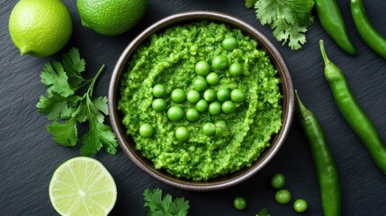 Obraz premium Fresh Green Chutney with Peas, Cilantro, and Lime on Dark Slate