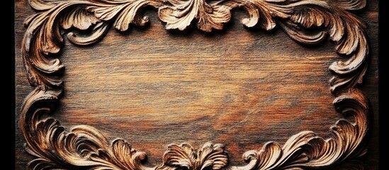 Elegant vintage wooden frame with intricate curls for holiday greetings and invitations on rustic background