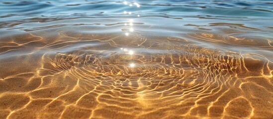 Beach sand patterns with shimmering water ripples creating a tranquil seaside atmosphere and highlighting natural textures and reflections.