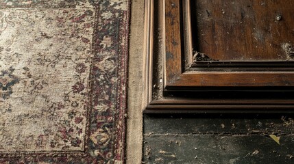 Wood frame sanding process with textured sandpaper alongside vintage carpet on weathered floor
