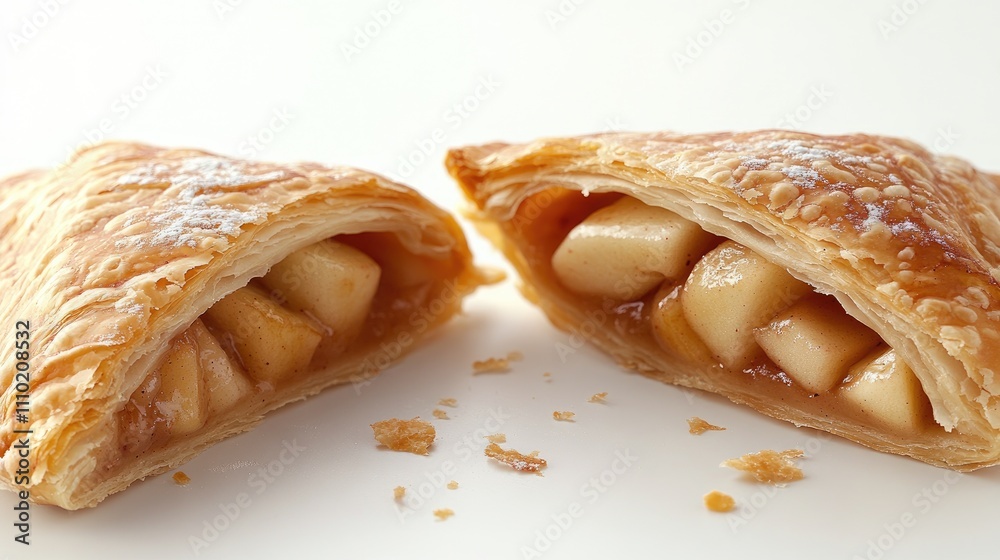 Poster puff pastry apple turnover sliced open to showcase juicy apple filling on a clean white background i