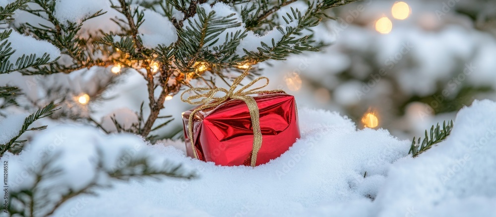 Poster Red gift box nestled in snow-covered fir tree with twinkling lights creating a festive winter surprise atmosphere