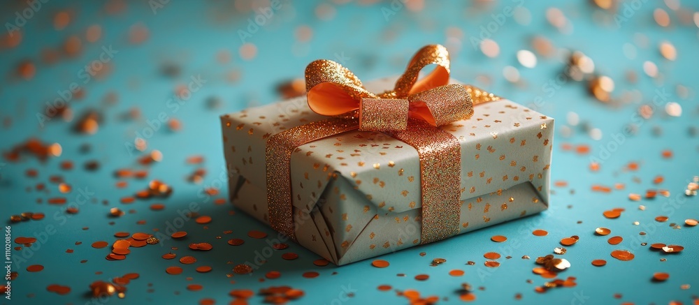 Poster festive gift box with orange ribbon on mint backdrop surrounded by shiny confetti creating a cheerfu