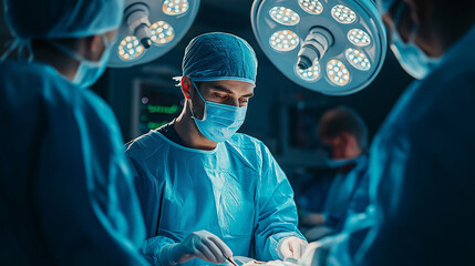  Surgeons performing operation under bright surgical lights