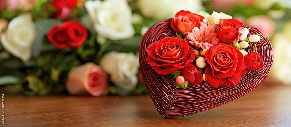 Aufkleber red wicker heart adorned with roses in front of a vibrant bouquet, creating a romantic space for tex