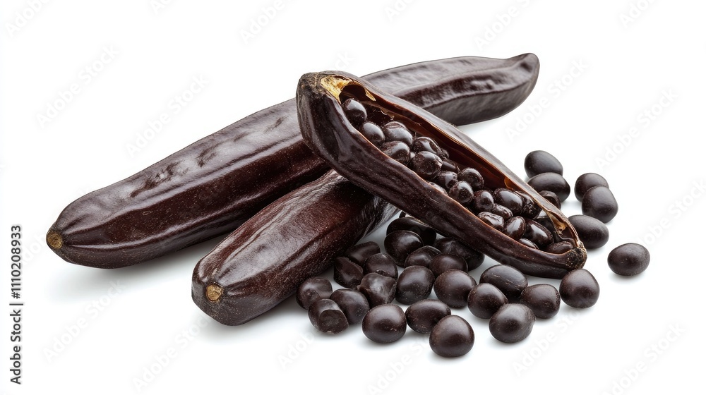 Poster ripe carob pods showcasing split beans with surrounding seeds on a clean white background highlighti