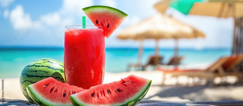 Poster refreshing watermelon juice served on the beach with vibrant slices and a backdrop of beach umbrella