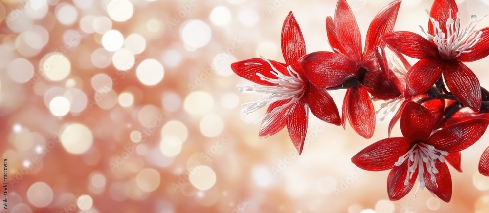 Poster red bouquet of artificial flowers with white details for table decor set against a soft bokeh backgr
