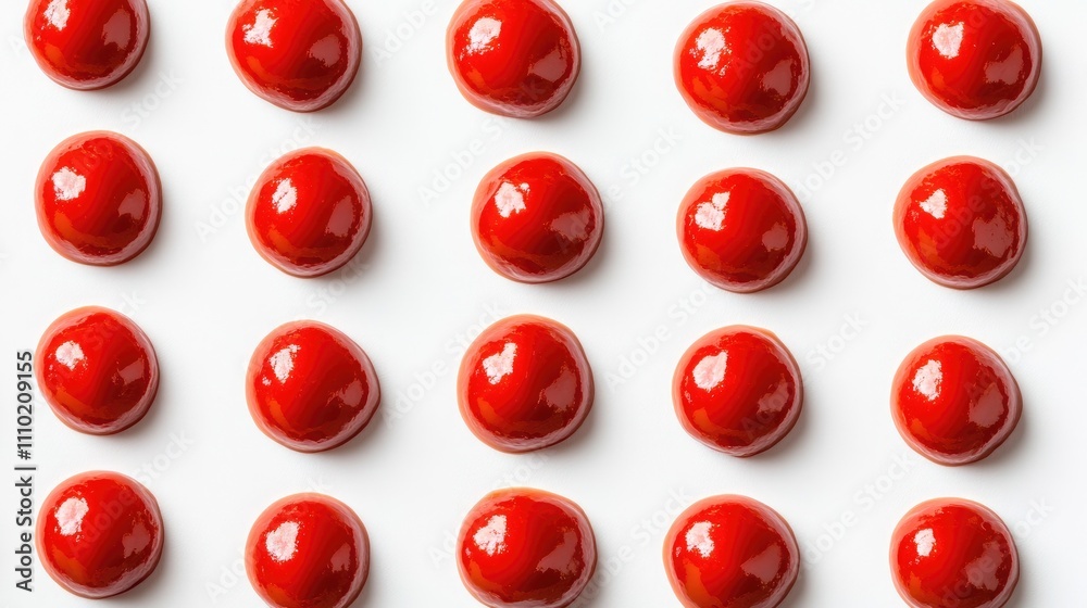 Poster abstract arrangement of red tomato ketchup drops on a clean white background showcasing vibrant colo