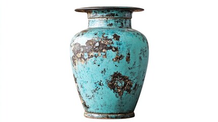 Antique turquoise jar with weathered patina isolated on white background showcasing vintage craftsmanship and design elegance.