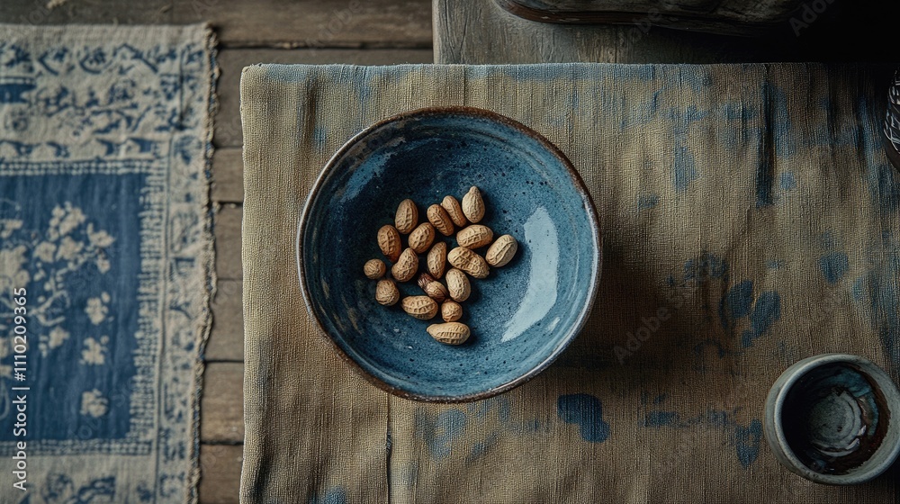 Poster Ceramic bowl filled with peanuts in shells rustic setting viewed from above on textured fabric surface