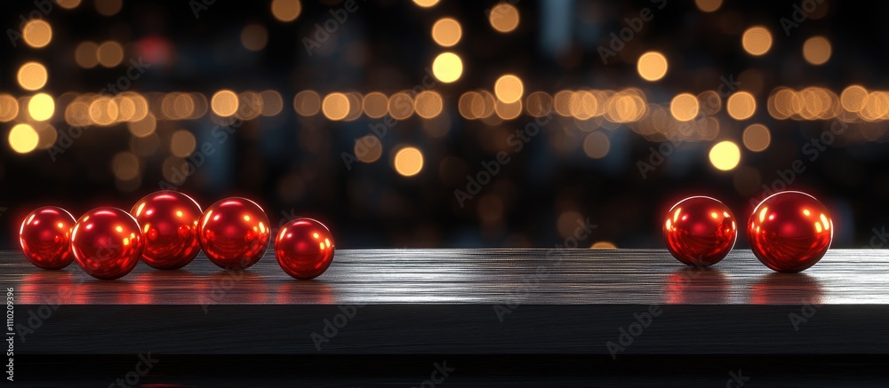 Aufkleber red christmas ornaments on wooden surface with sparkling lights in the background creating a festive
