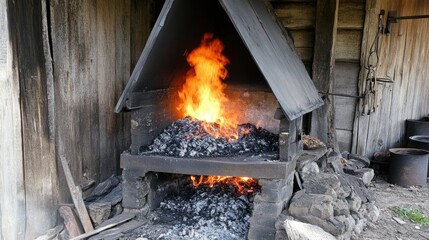 Traditional blacksmith forge with glowing coals and vibrant flames in rustic setting showcasing craftsmanship and historical techniques