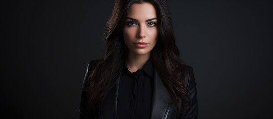 Portrait of a confident woman wearing a stylish black jacket in a sophisticated studio setting highlighting her strong presence