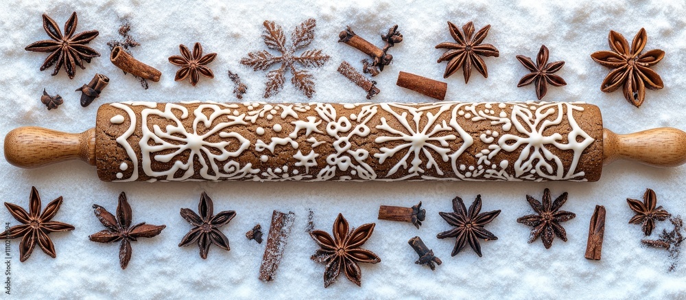 Poster baking traditional gingerbread cookies with patterned rolling pin and spices in winter setting beaut