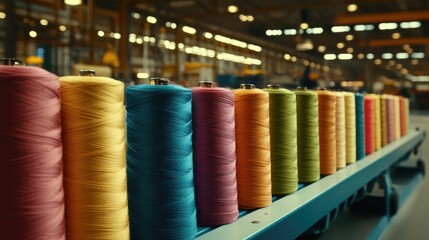 Colorful Spools of Sewing Thread Aligned on a Shelf in a Bright Industrial Warehouse Setting